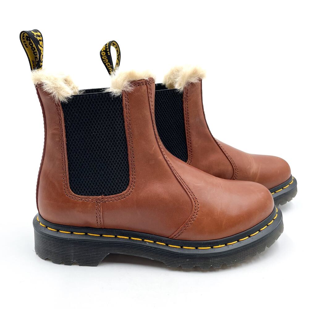 Dr Martens Leonore Chelsea Boots Faux Fur Trim Brown Leather Ankle Sz 6 Women